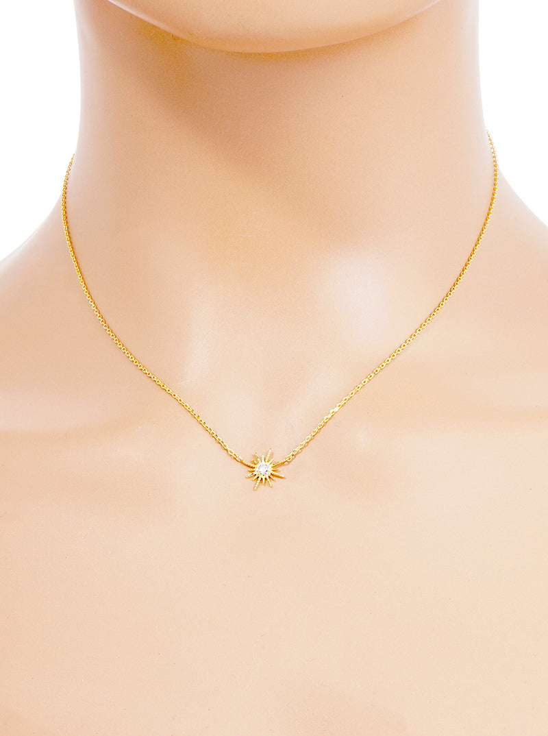 White Gold Dipped CZ Sunburst Pendant Delicate Necklace