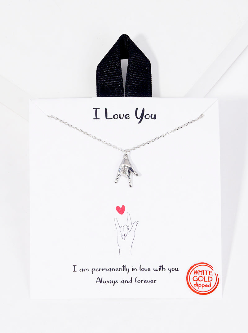 White Gold Dipped I Love You Hand Sign Pendant Necklace