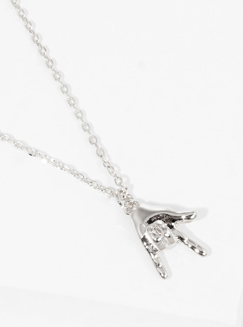 White Gold Dipped I Love You Hand Sign Pendant Necklace