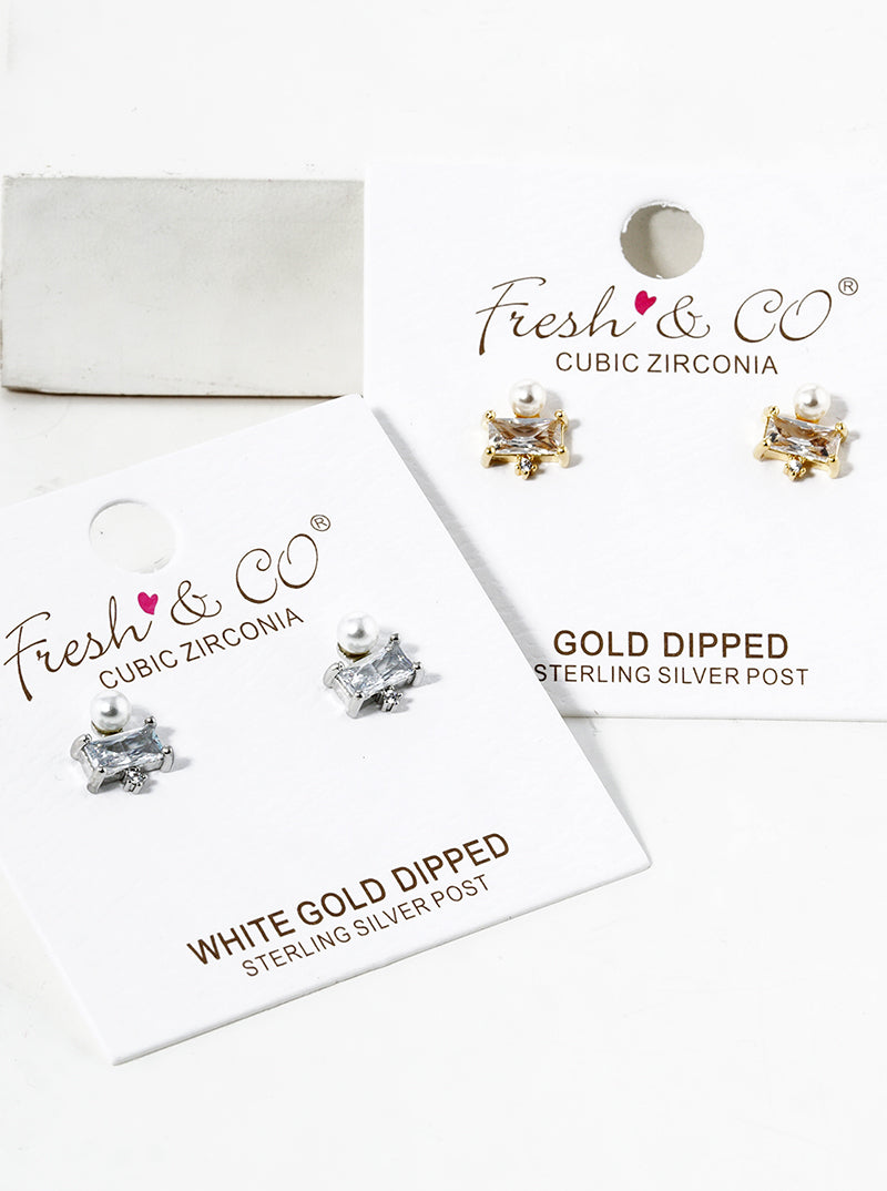 White Gold Dipped Baguette CZ Pearl Post Stud Earrings