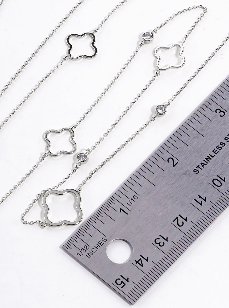 White Gold Dipped Bezel CZ Quatrefoil 36 Inch Long Station Necklace