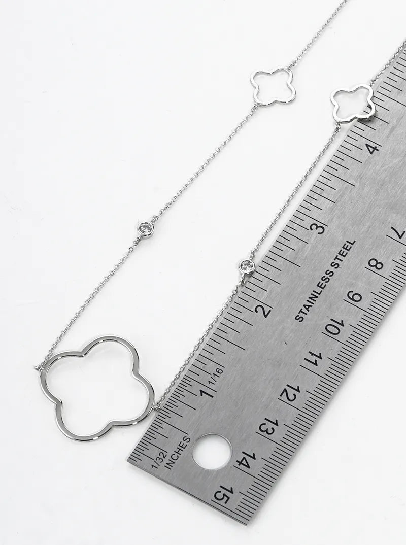 White Gold Dipped Bezel Set CZ Quatrefoil Long Station Necklace
