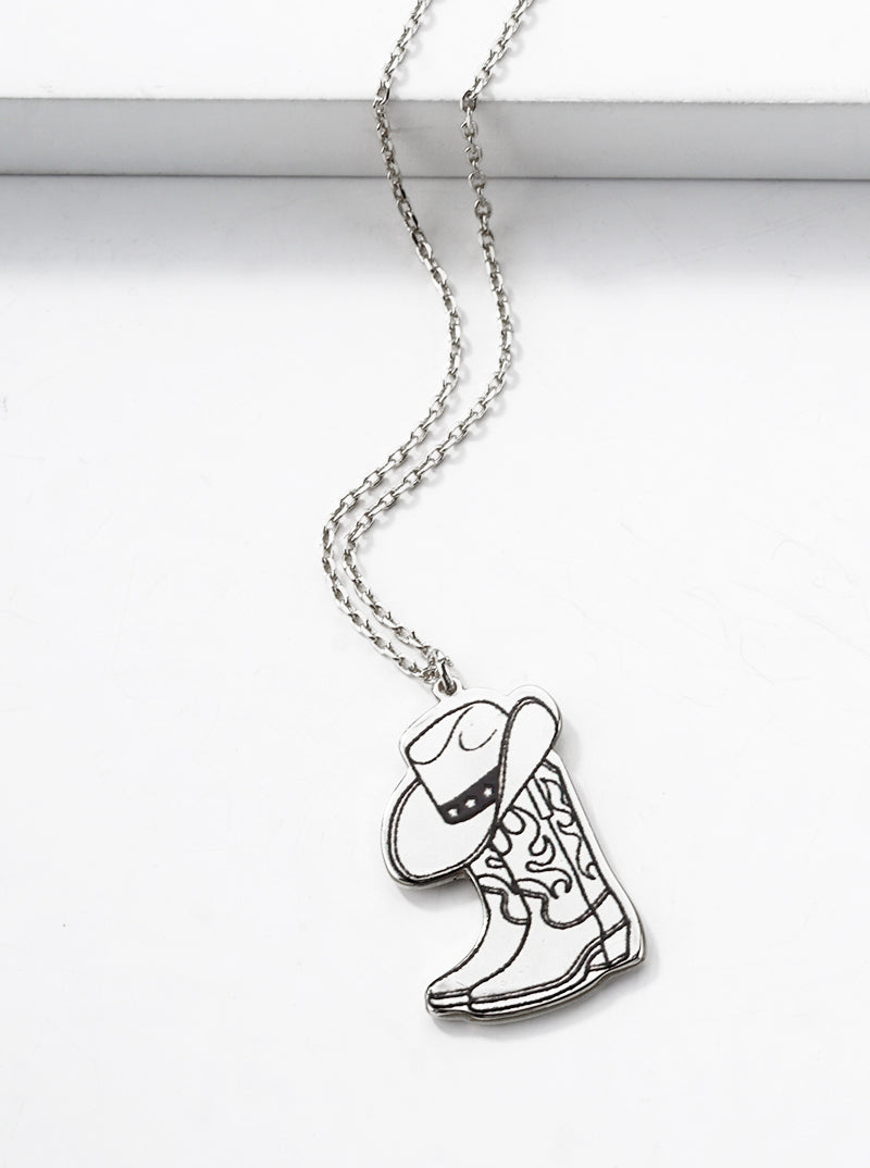 White Gold Dipped Cowgirl Boot And Hat Pendant Necklace