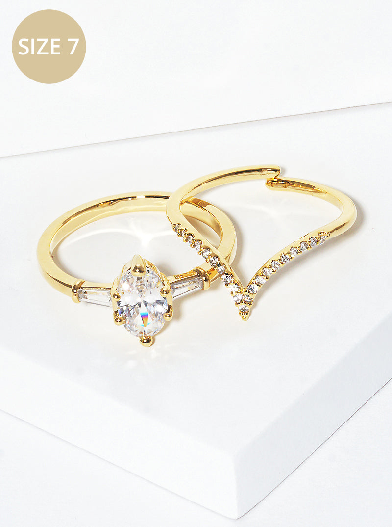 White Gold Dipped Cubic Zirconia Chevron Geometric Shape 2pc Set Ring