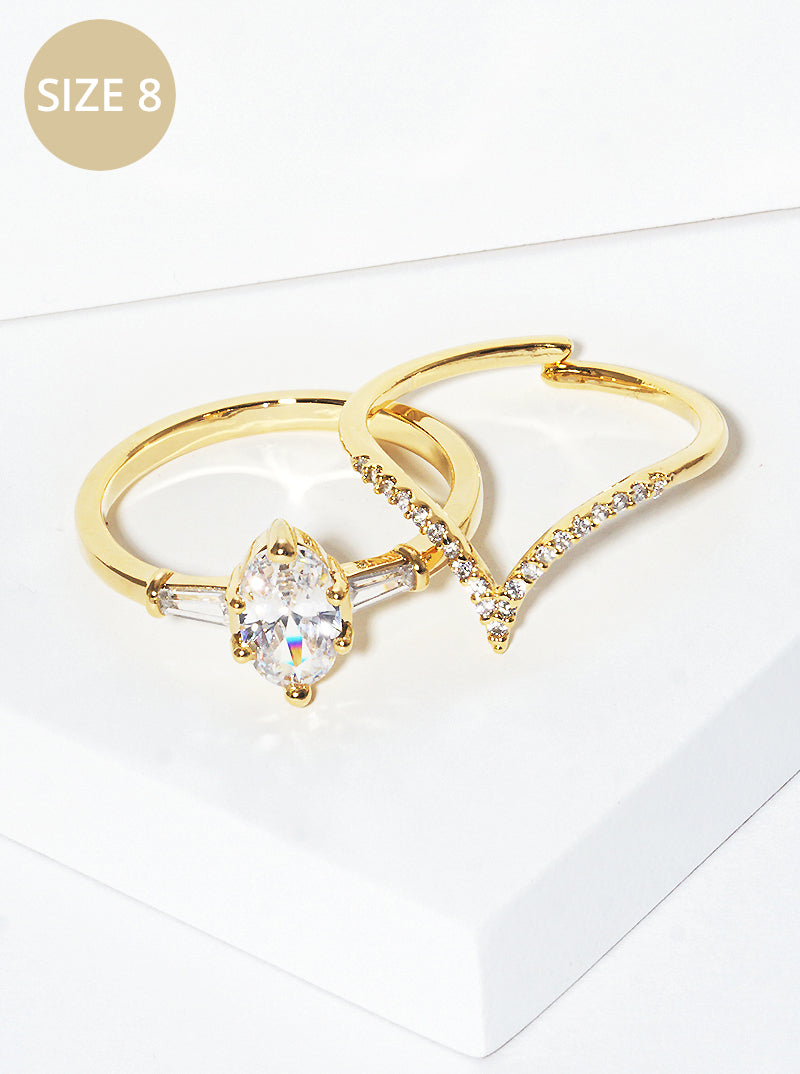 White Gold Dipped Cubic Zirconia Chevron Geometric Shape 2pc Set Ring