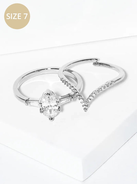 White Gold Dipped Cubic Zirconia Chevron Geometric Shape 2pc Set Ring