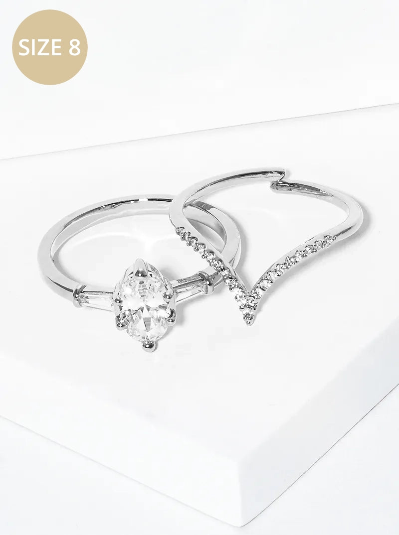 White Gold Dipped Cubic Zirconia Chevron Geometric Shape 2pc Set Ring