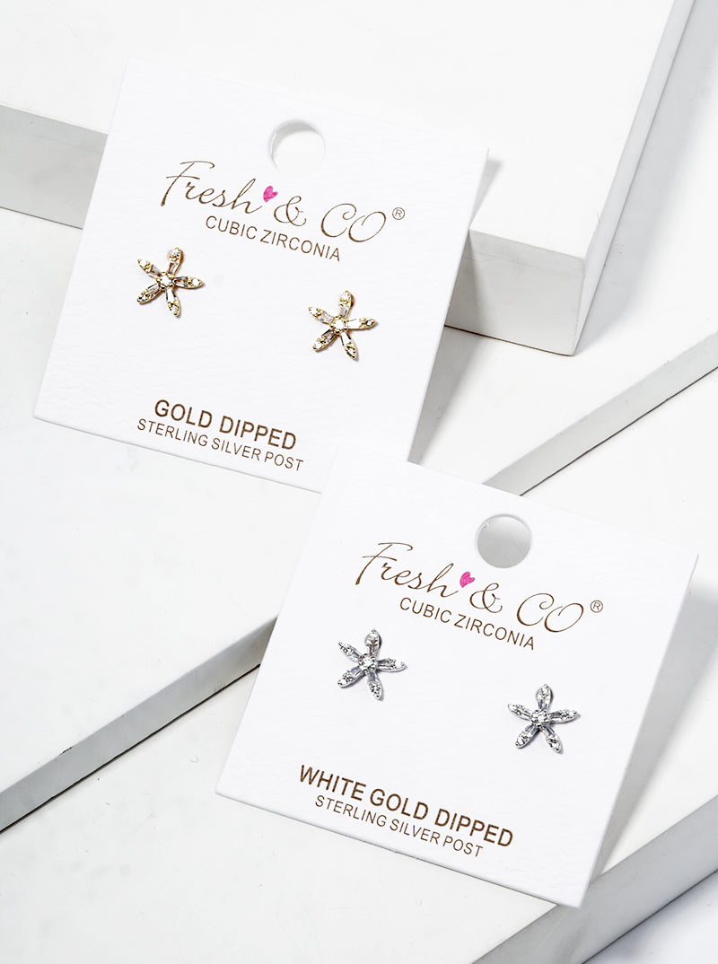 White Gold Dipped Dainty CZ Pave Flower Post Stud Earrings