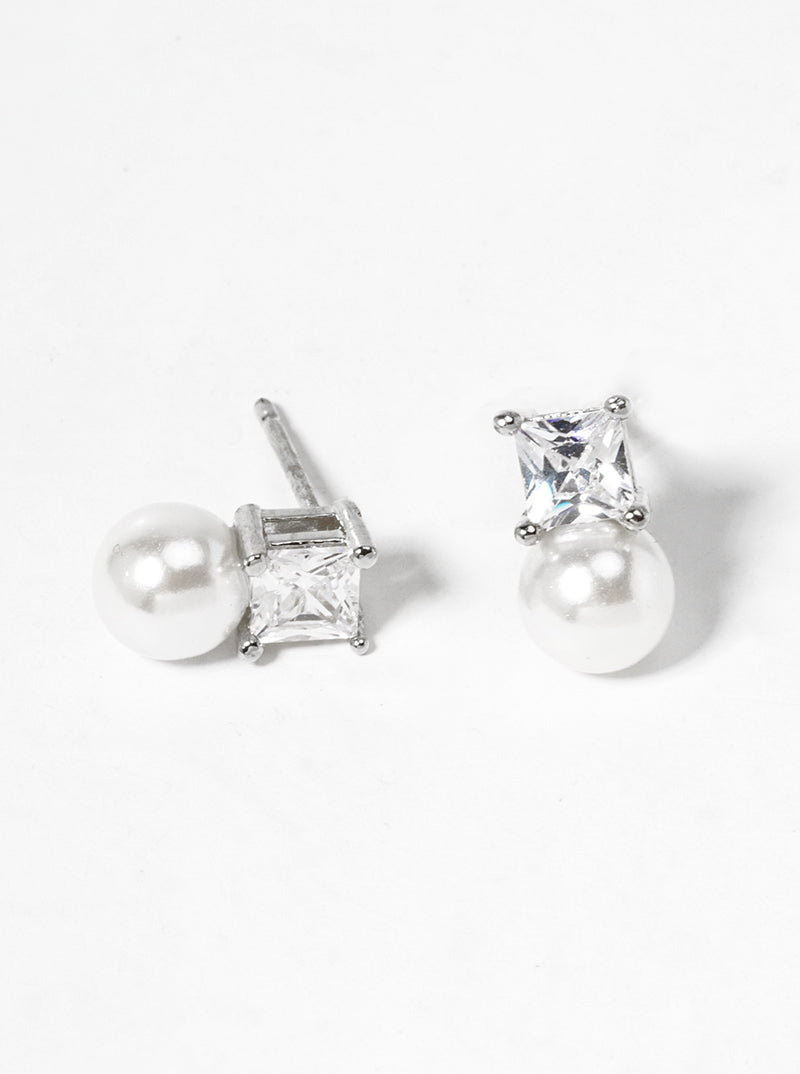 18k Gold Dipped Dainty CZ Stone Pearl Drop Post Stud Earrings