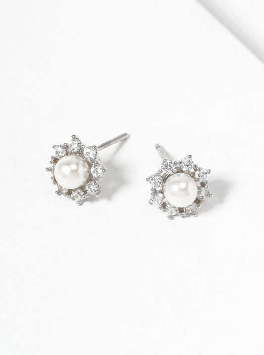 18k Gold Dipped CZ Pave Round Glass Pearl  Post Stud Earrings
