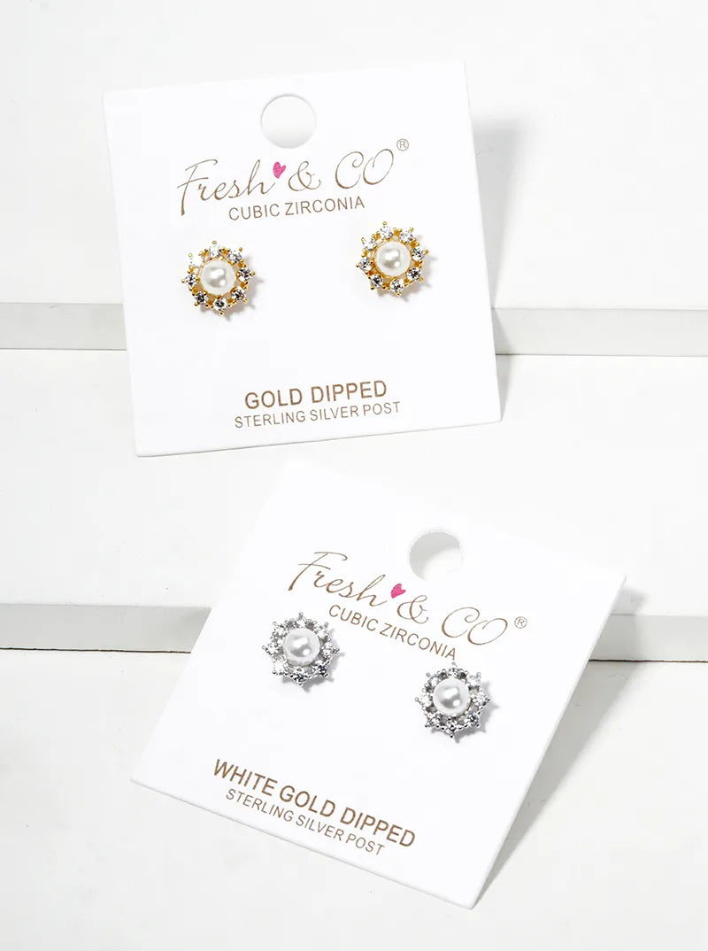 White Gold Dipped Dainty Flower CZ Glass Pearl Post Stud Earrings