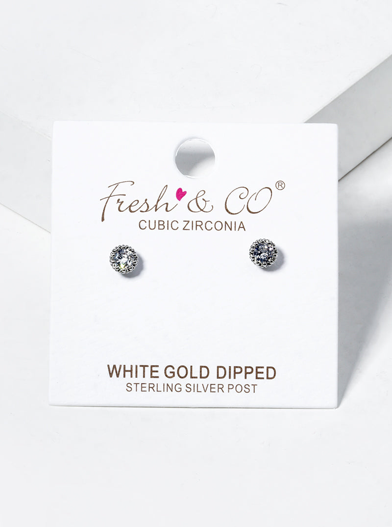 White Gold Dipped CZ Pave Ball Drop Pearl Post Stud Earrings