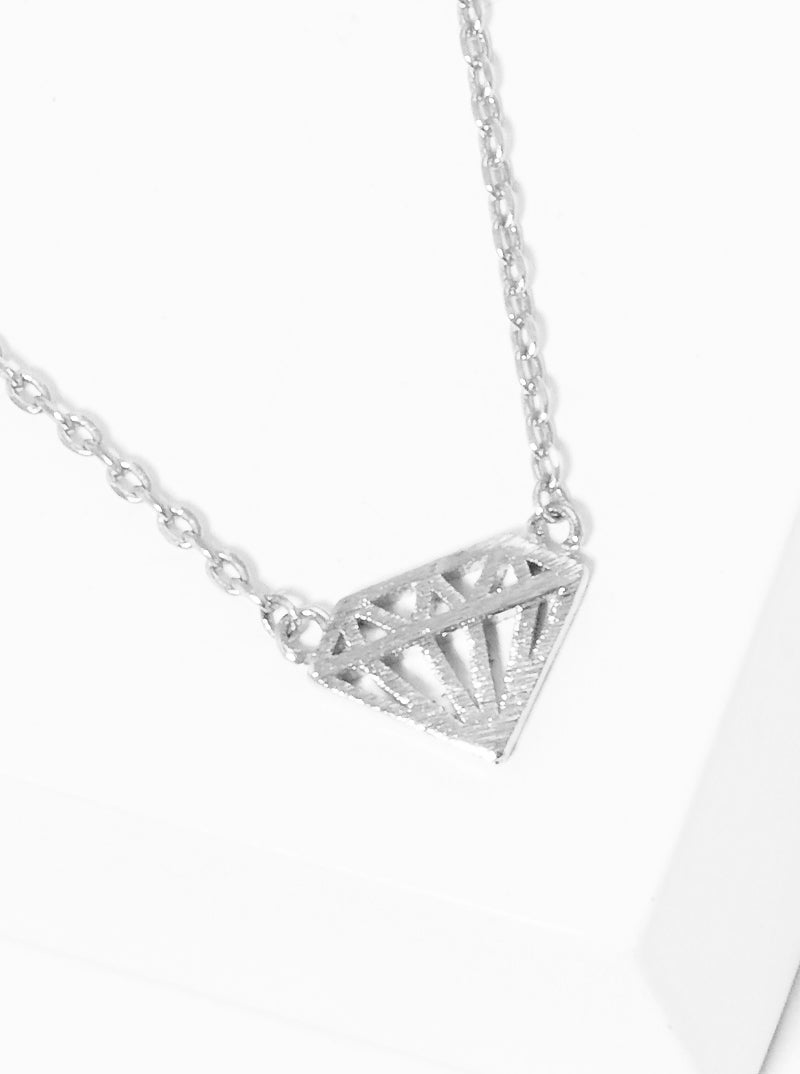 White Gold Dipped Flat Diamond Shape Pendant Dainty Necklace