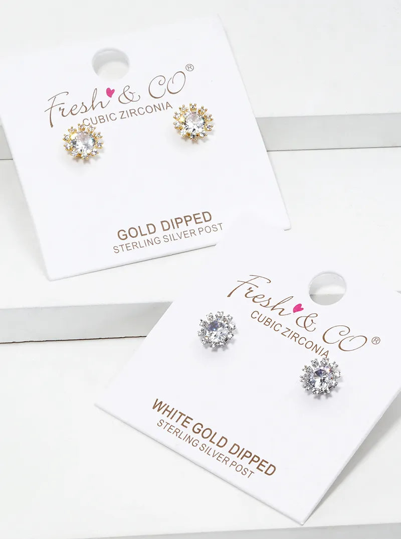 White Gold Dipped Flower CZ Post Stud Earrings