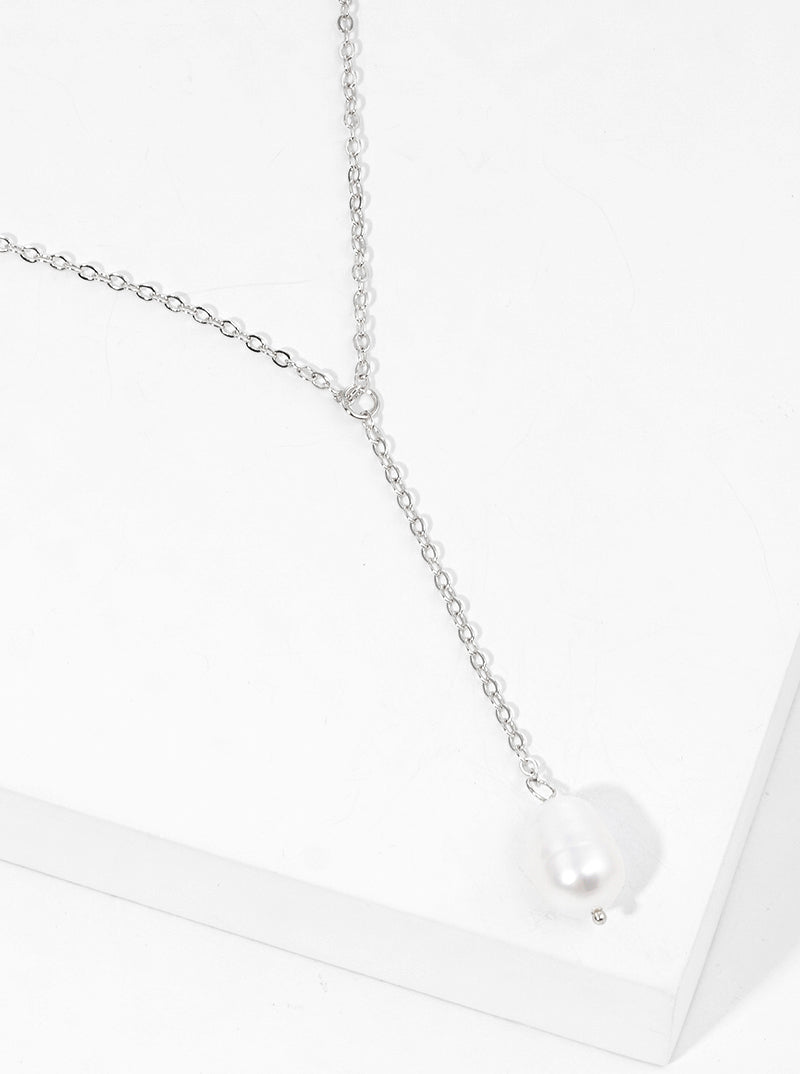 White Gold Dipped Freshwater Pearl Drop Lariat Necklace
