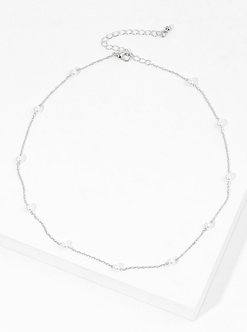 White Gold Dipped Glass Pearl Beaded Station Necklace
