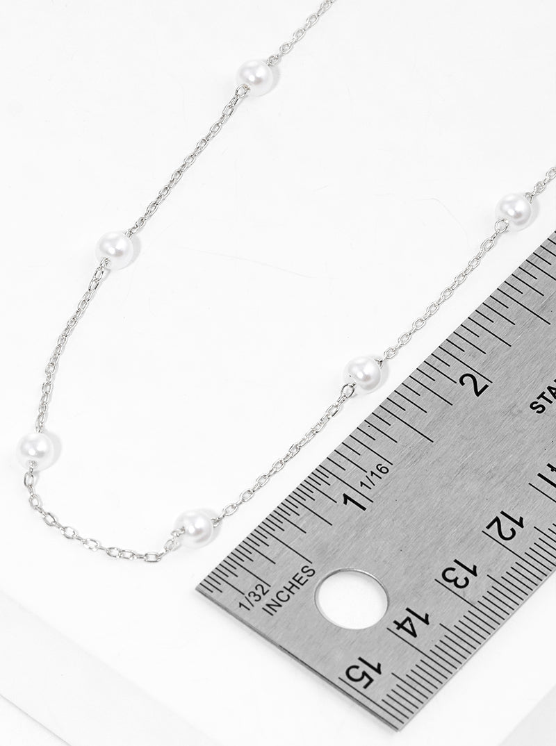 White Gold Dipped Glass Pearl Beaded Station Necklace