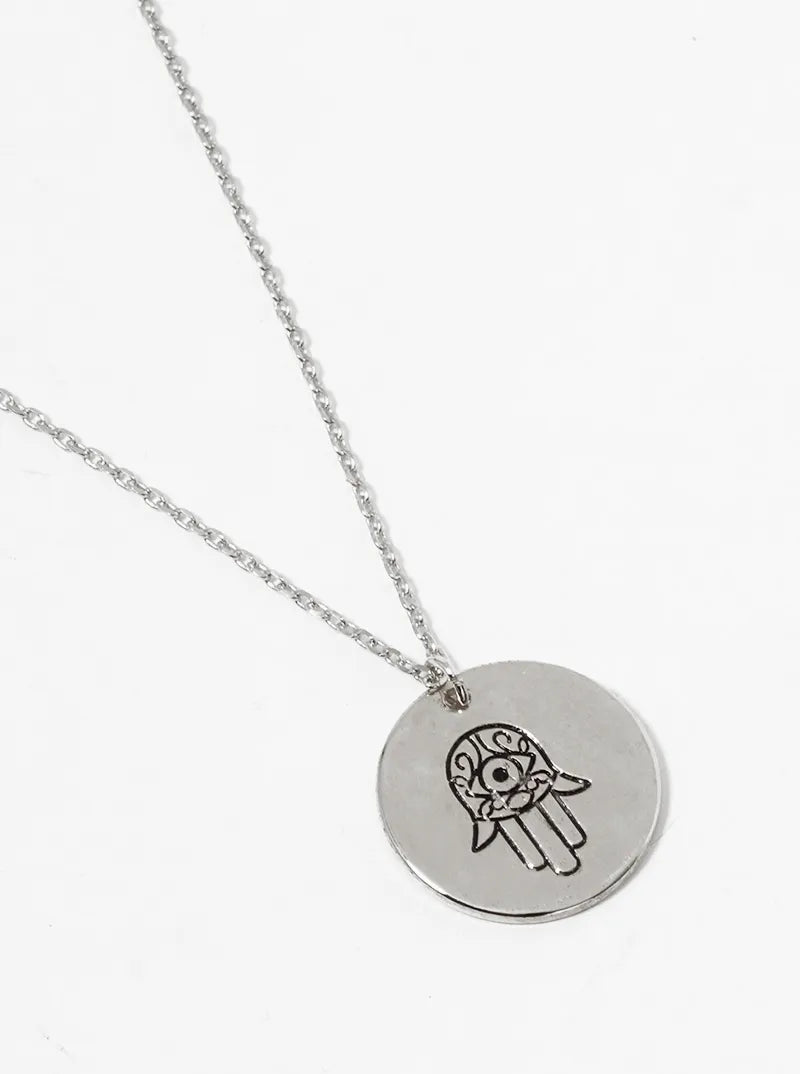 White Gold Dipped Hamsa Engraved Round Disc Pendant Necklace
