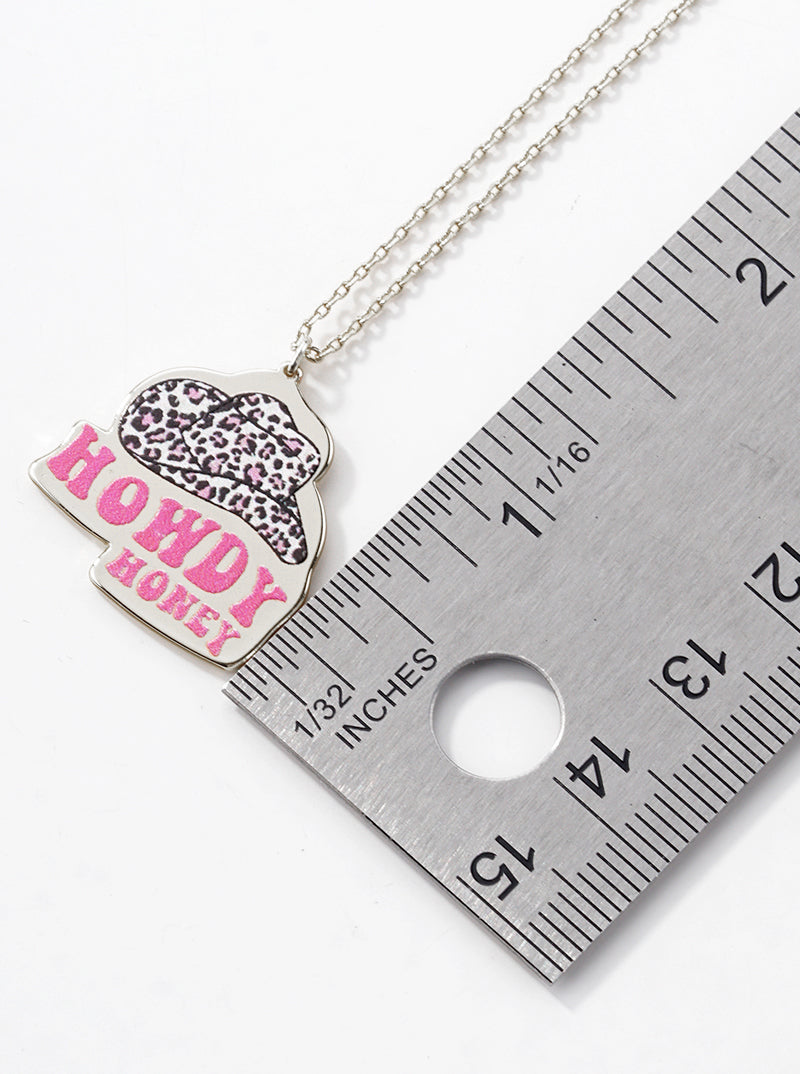 White Gold Dipped Howdy Honey Pink Leopard Hat Pendant Necklace