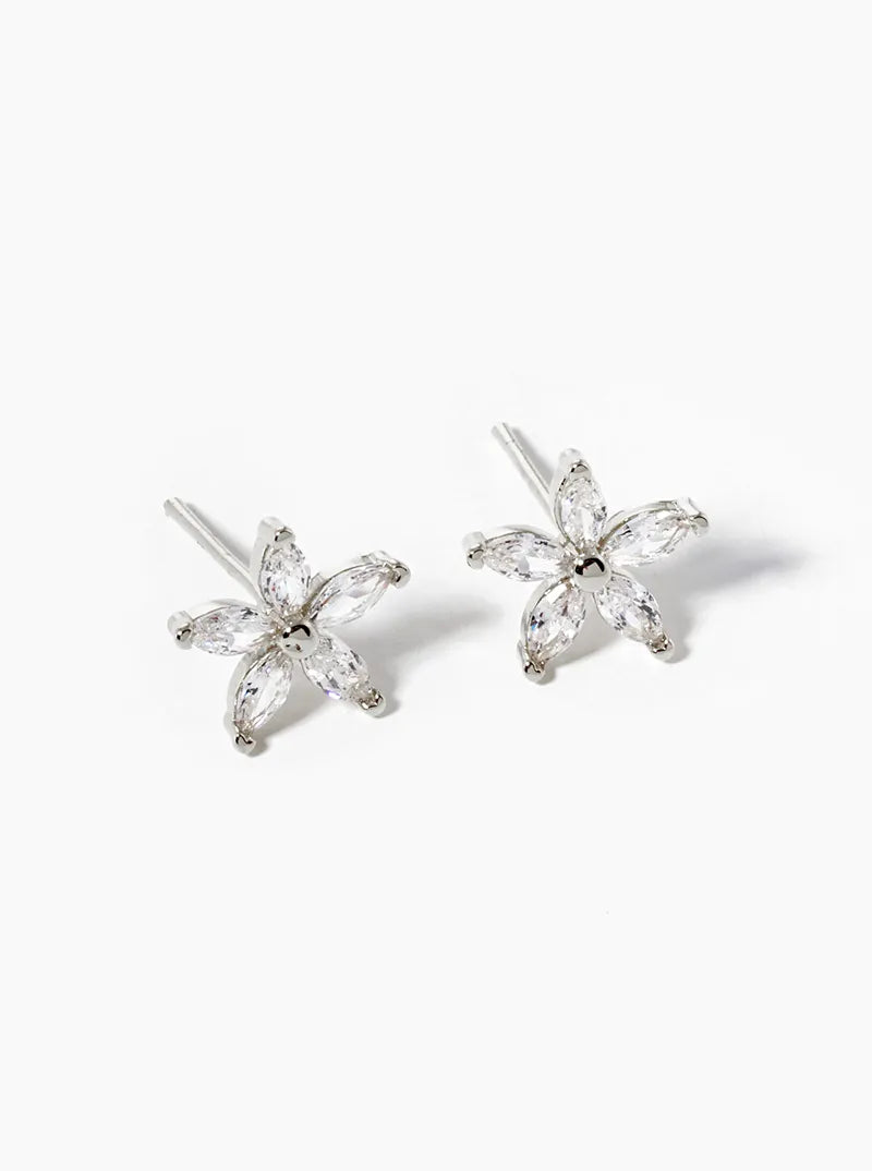White Gold Dipped Marquise Shape CZ Stone Flower Post Stud Earrings