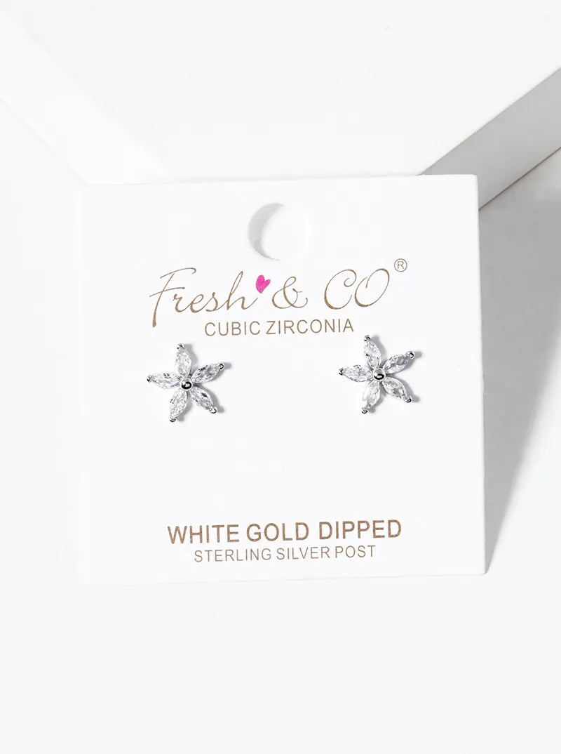 White Gold Dipped Marquise Shape CZ Stone Flower Post Stud Earrings