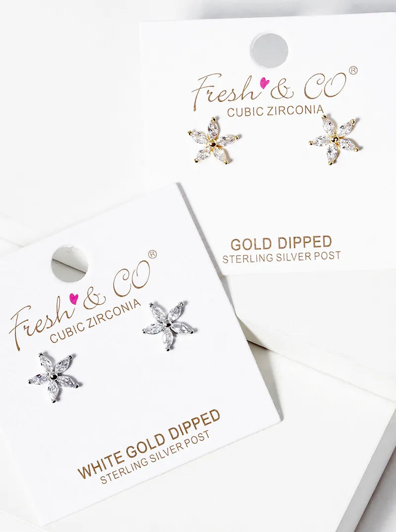 White Gold Dipped Marquise Shape CZ Stone Flower Post Stud Earrings