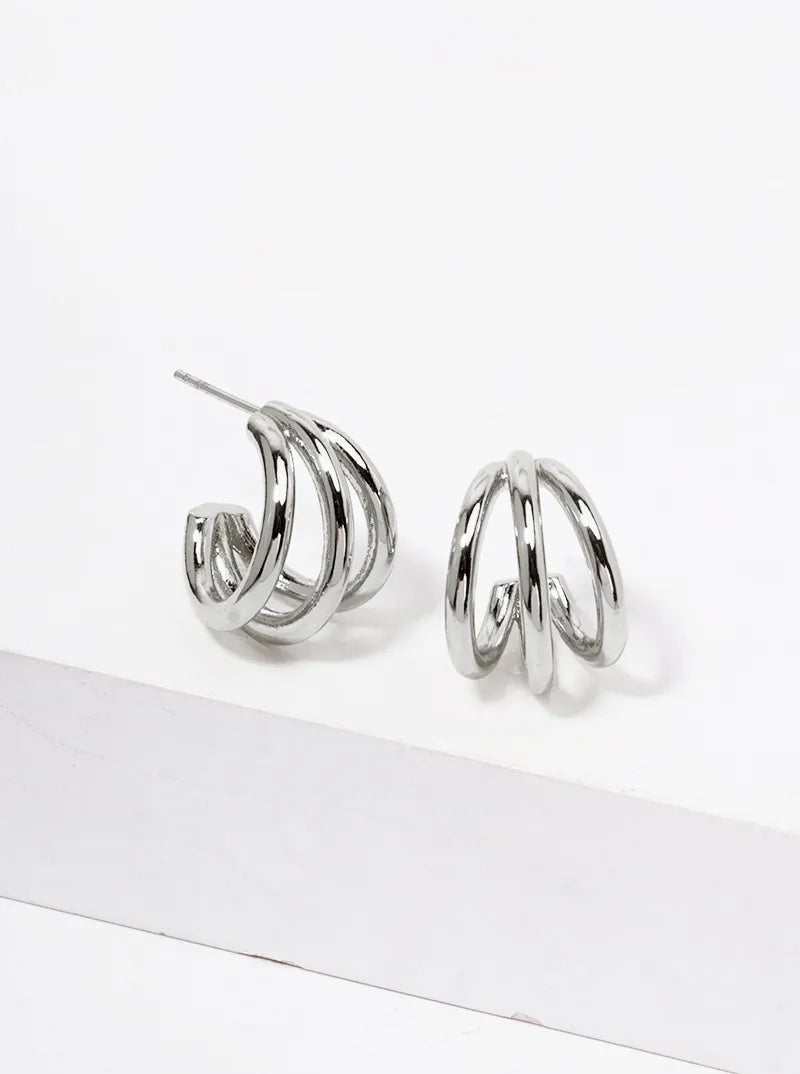 White Gold Dipped Metal 15mm Triple Open Hoop Earrings