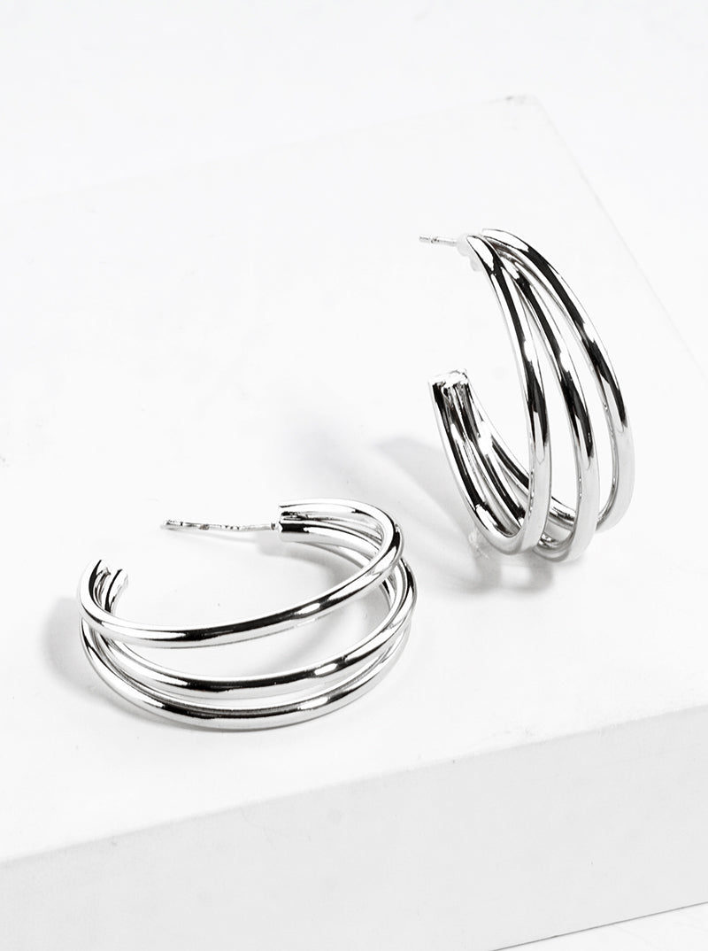 White Gold Dipped Textured Metal Layered 30mm Leverback Hoop Earrings