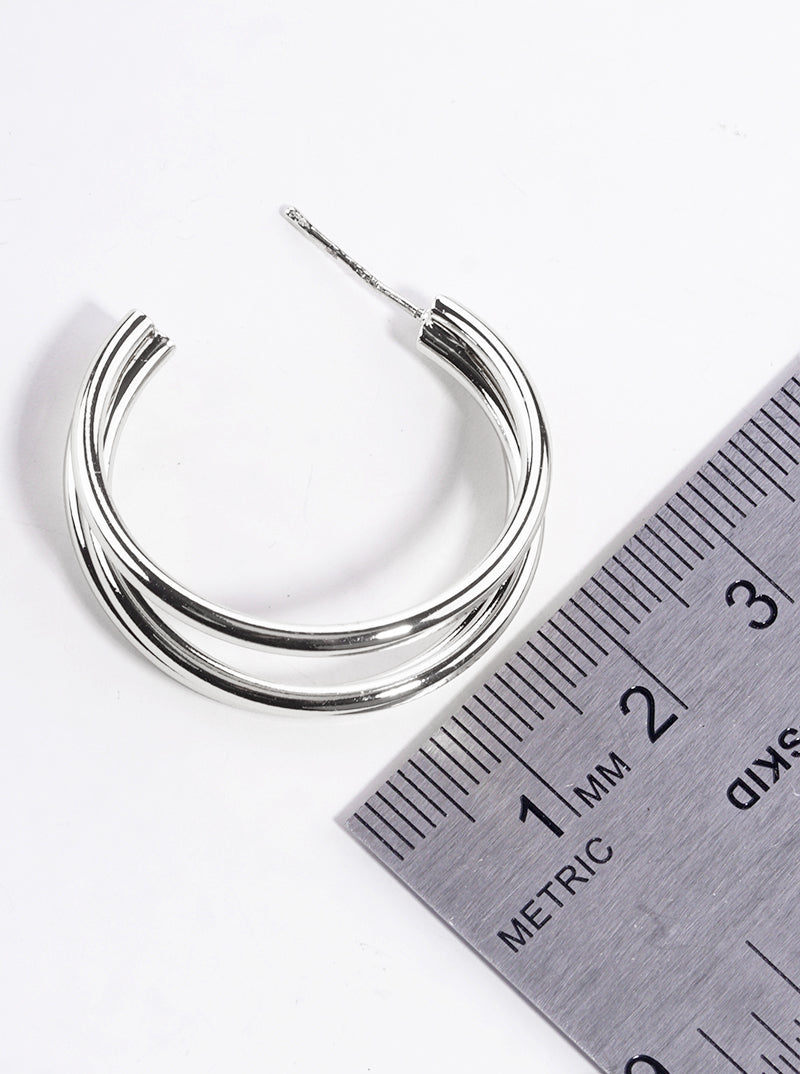 White Gold Dipped Textured Metal Layered 30mm Leverback Hoop Earrings