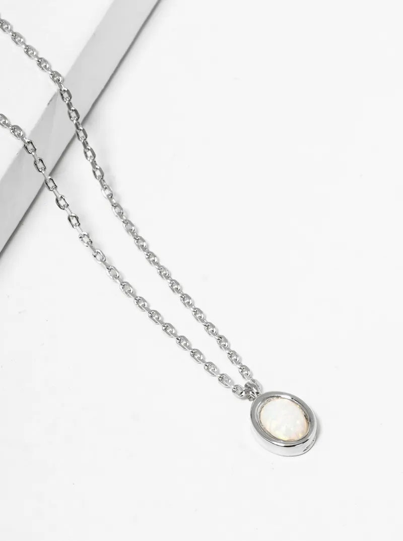 White Gold Dipped Oval Shape Opal Pendant Dainty Necklace