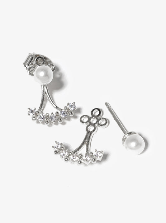 18K-Gold-Dipped Pearl CZ Pave Bar Post Stud Earrings