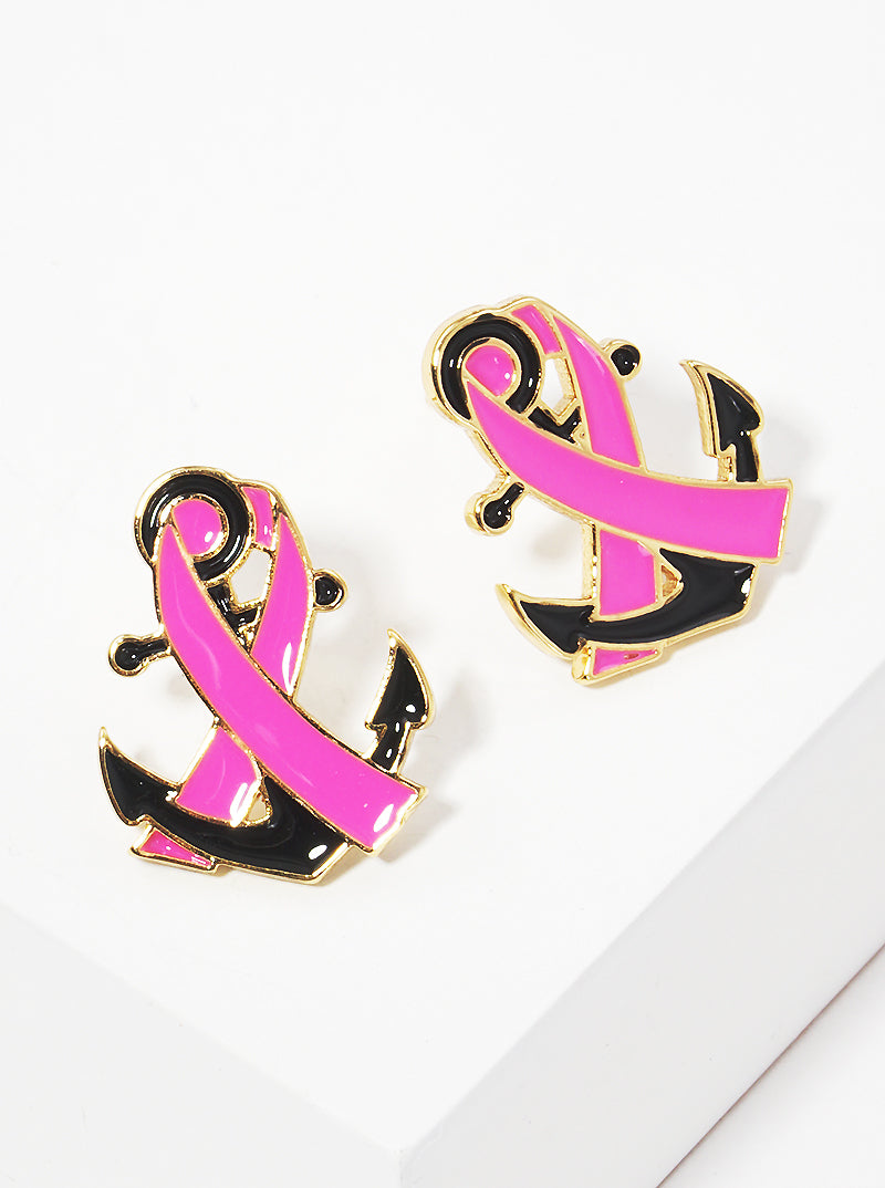 White Gold Dipped Pink Ribbon Post Stud Earrings