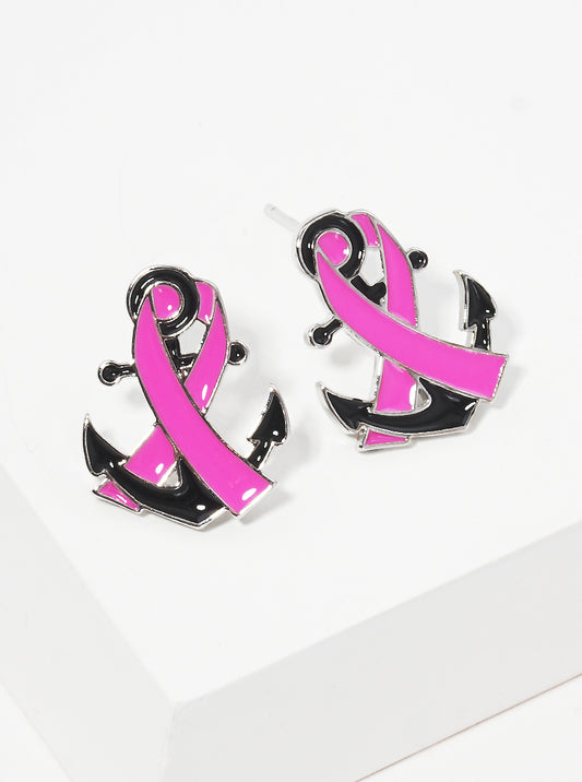 White Gold Dipped Pink Ribbon Post Stud Earrings