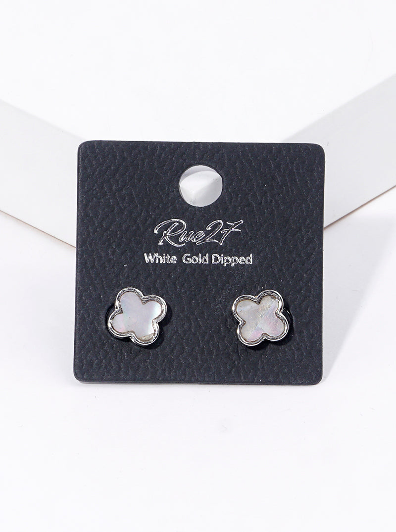 White Gold Dipped Quatrefoil Shape Mother Of Pearl Post Stud Earrings