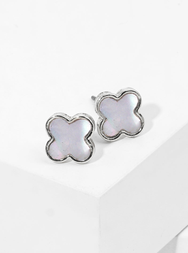 White Gold Dipped Quatrefoil Shape Mother Of Pearl Post Stud Earrings