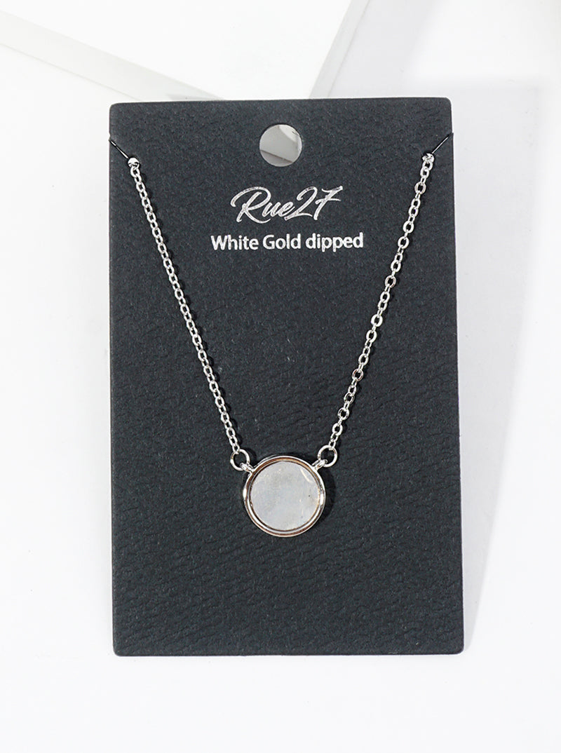 White Gold Dipped Round Shape Mother Of Pearl Pendant Necklace