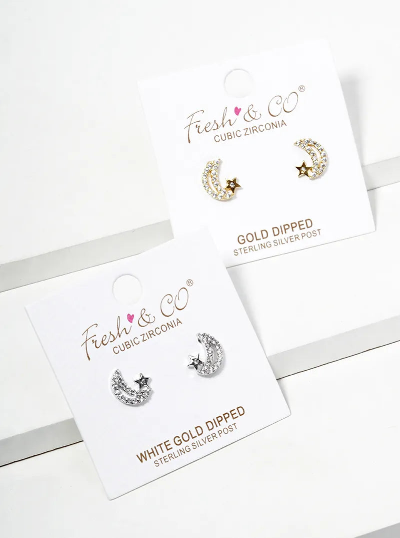 White Gold Dipped Symmetrical CZ Pave Crescent Moon And Star Post Stud Earrings