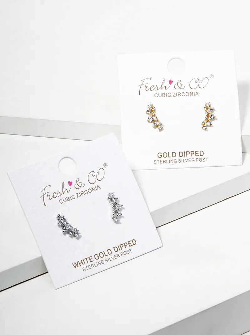 White Gold Dipped Symmetrical CZ Pave Double Curved Bar Post Stud Earrings