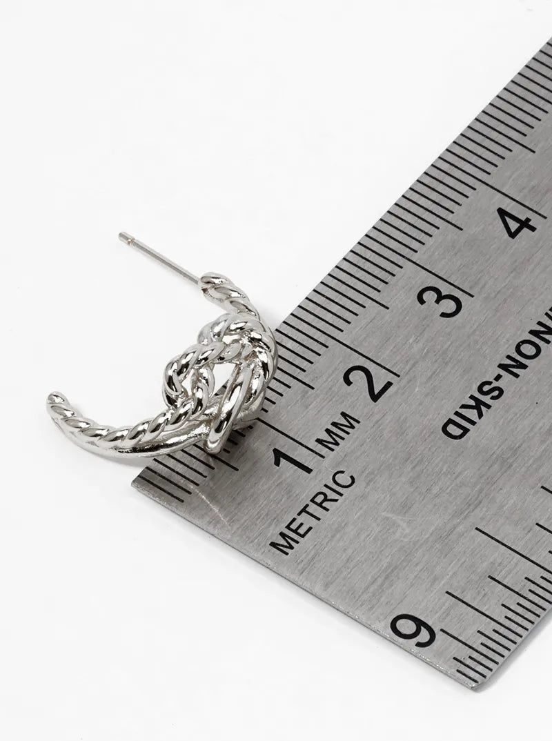 White Gold Dipped Textured Metal Love Knot 15mm Open Hoop Earrings