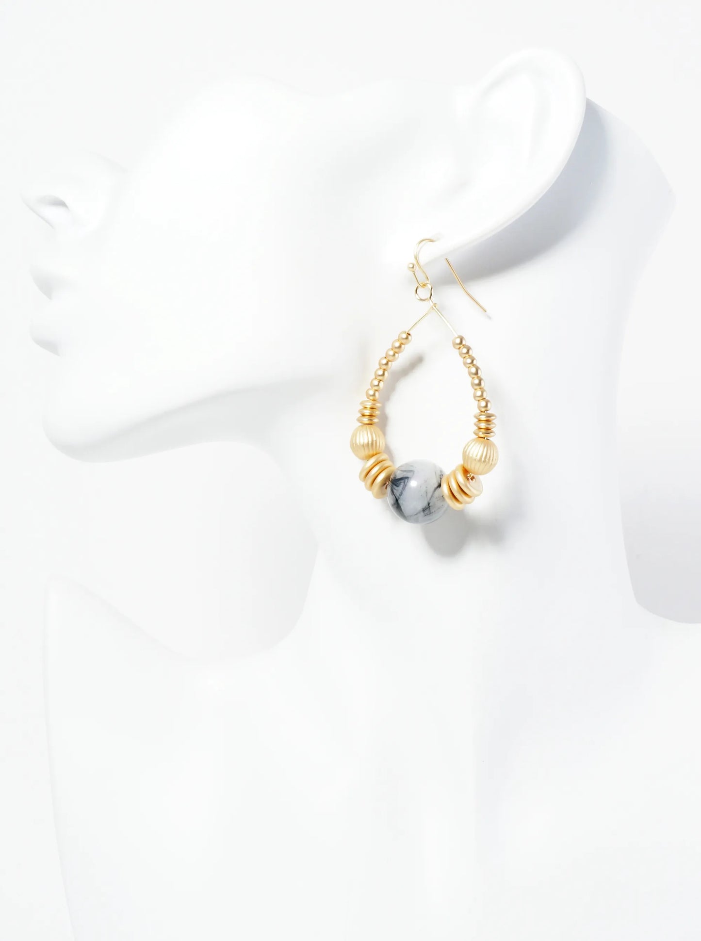 Wire Teardrop Earrings With Metallic Beads And Centered Natural Stone