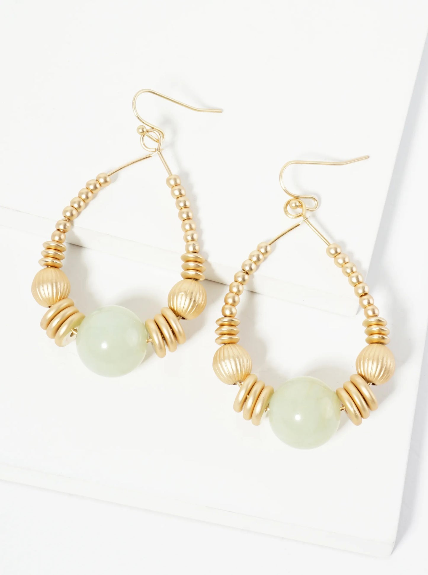 Wire Teardrop Earrings With Metallic Beads And Centered Natural Stone