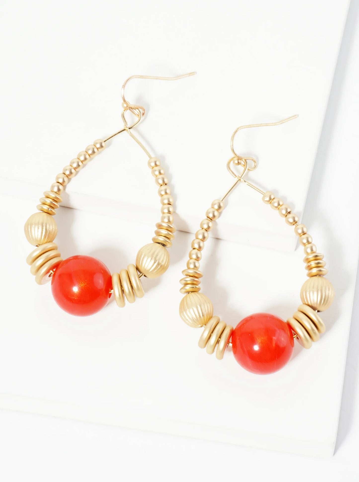 Wire Teardrop Earrings With Metallic Beads And Centered Natural Stone
