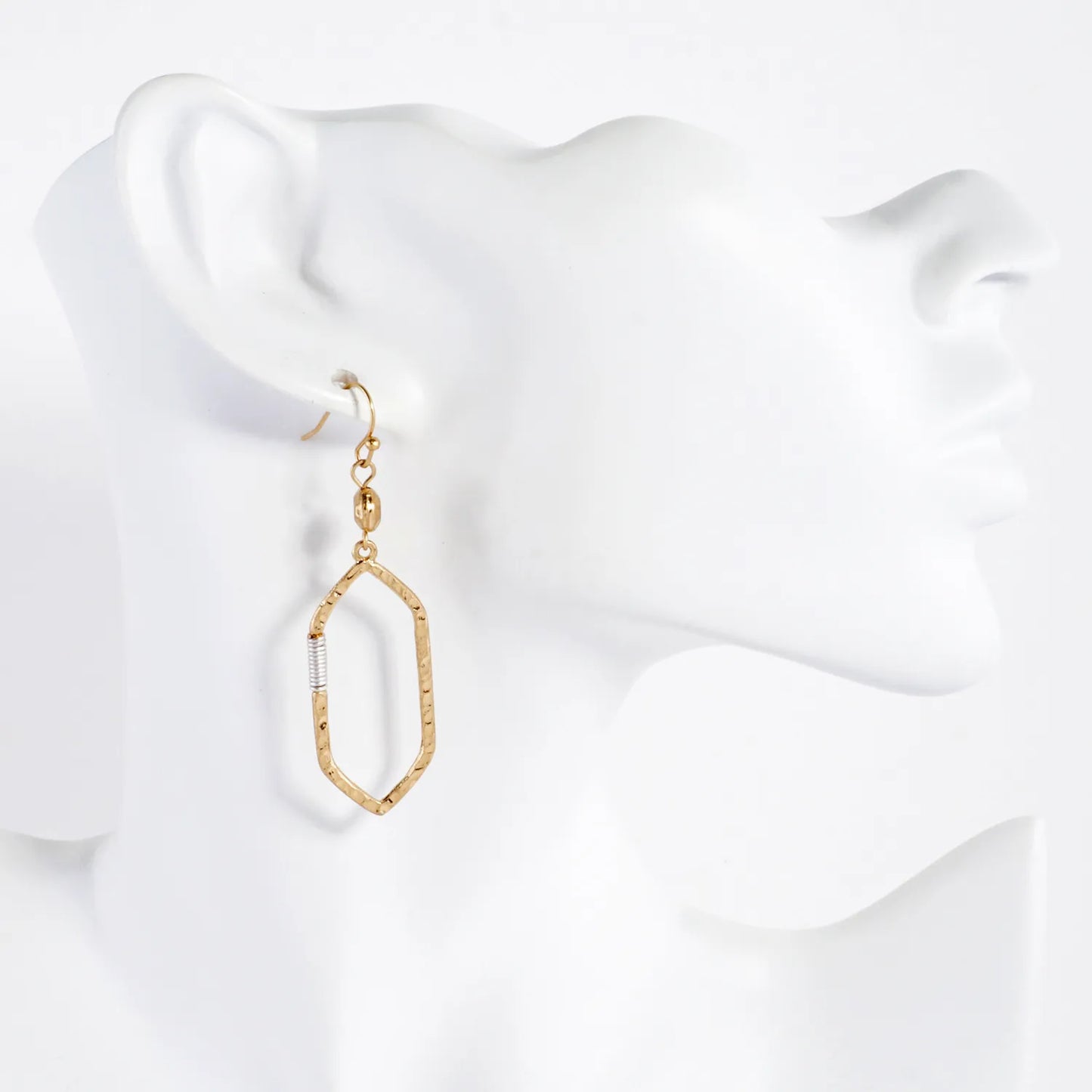 Wire-Wrapped Hammered-Texture Elongated Hexagon Drop Earrings