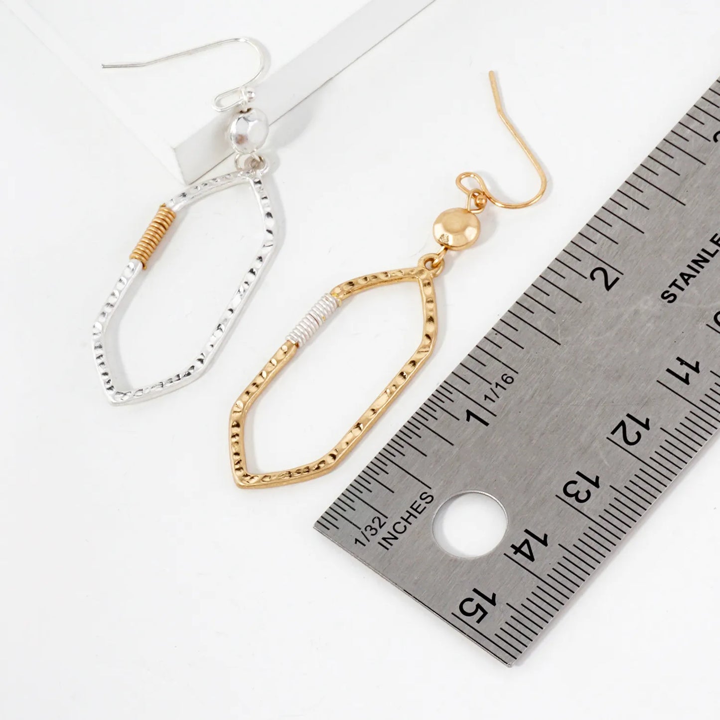 Wire-Wrapped Hammered-Texture Elongated Hexagon Drop Earrings