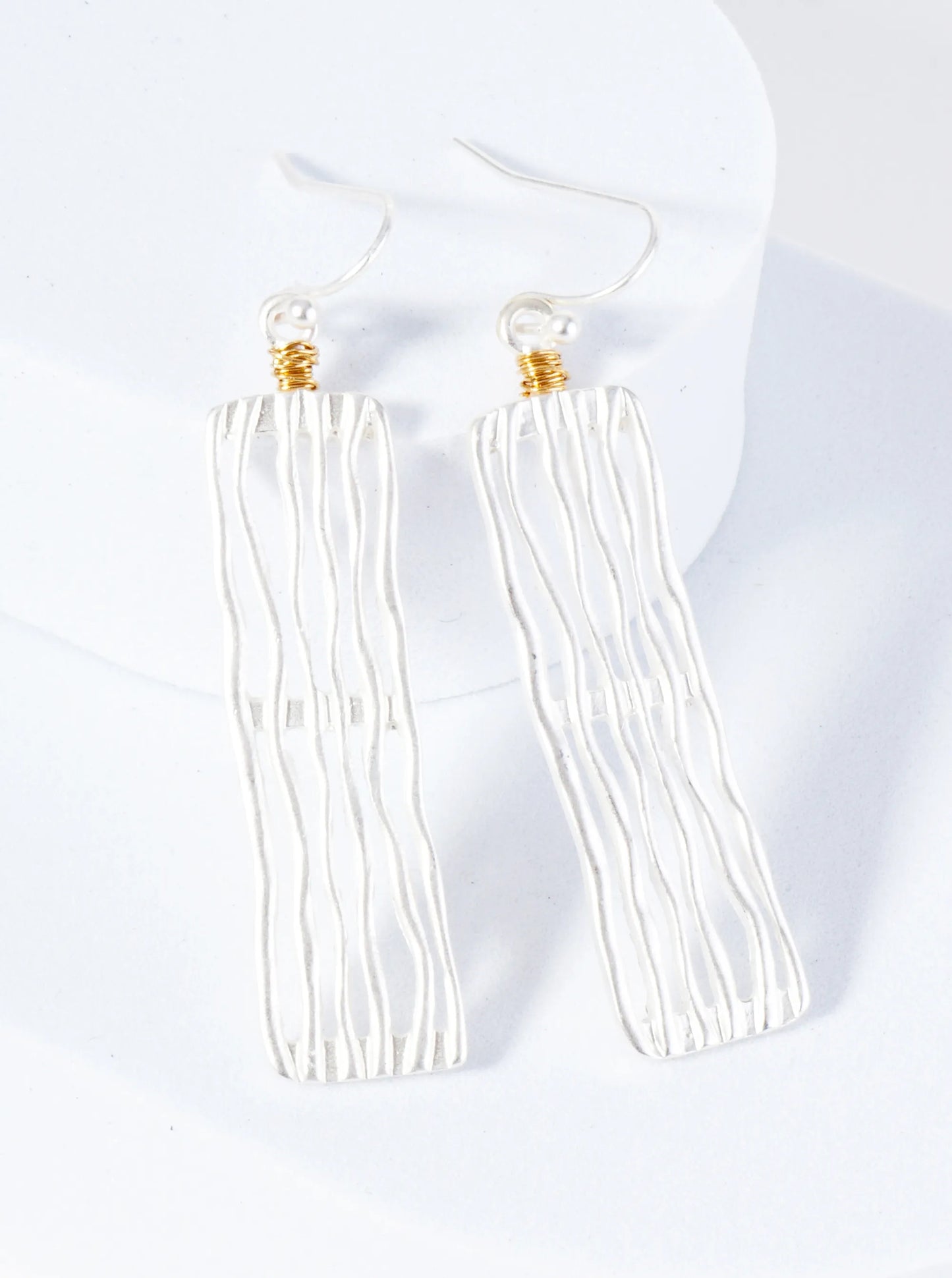 Wire Wrapped Organic Line Design Rectangular Dangle Earrings