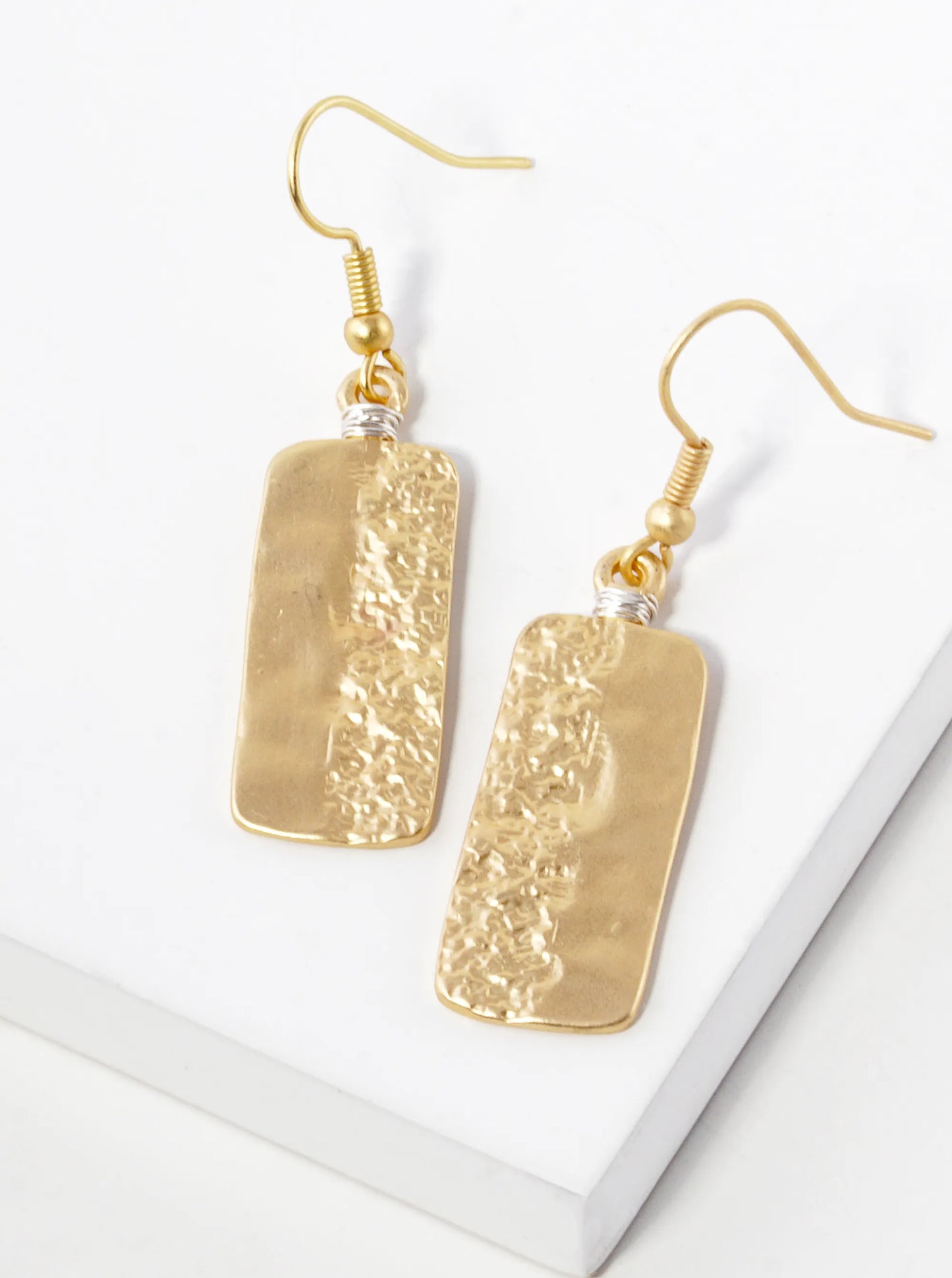 Wire Wrapped Textured Metal Rectangle Drop Dangle Earrings