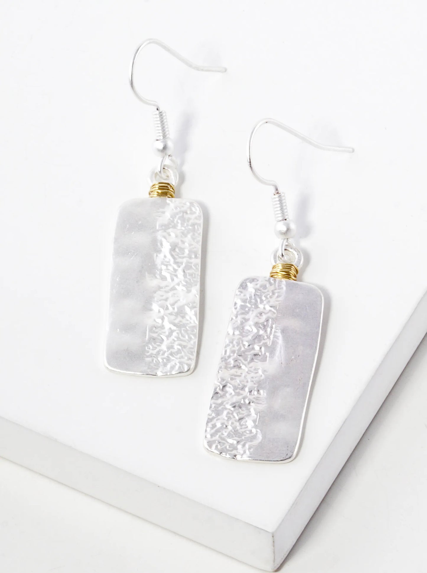 Wire Wrapped Textured Metal Rectangle Drop Dangle Earrings