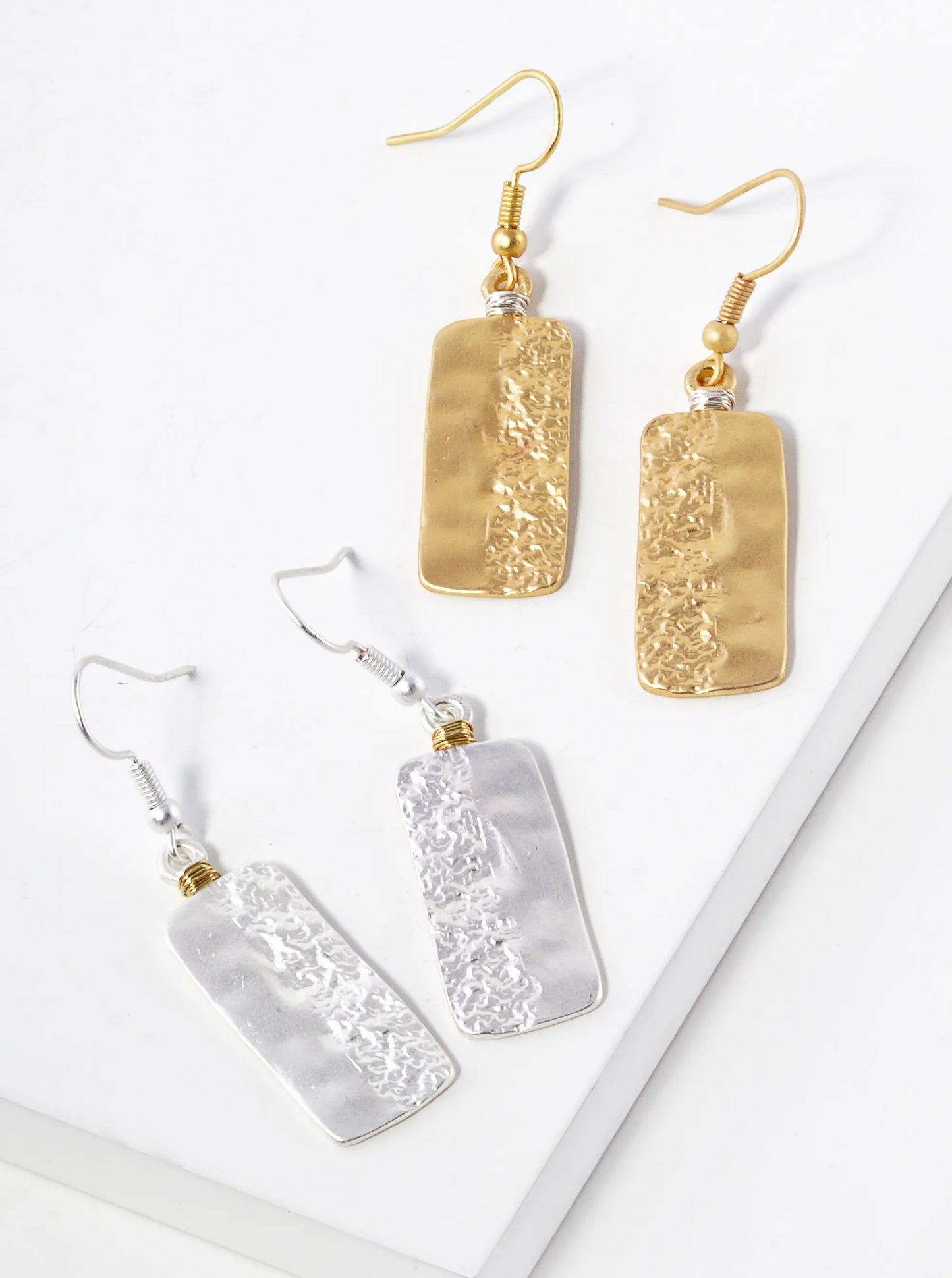 Wire Wrapped Textured Metal Rectangle Drop Dangle Earrings