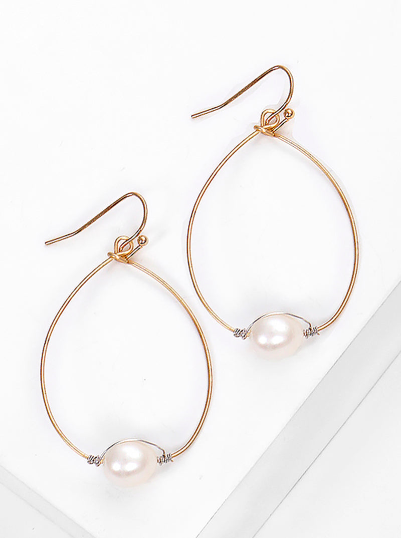 Wire Wrapped Freshwater Pearl Teardrop Dangle Earrings