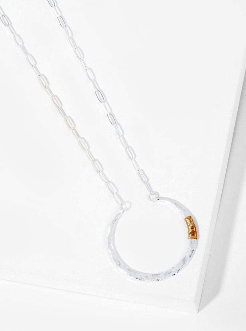 Wire Wrapped Hammered Metal Pendant Long Necklace